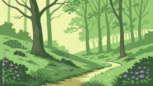 Illustration of a winding path through a green forest with various trees and lush vegetation in the scene