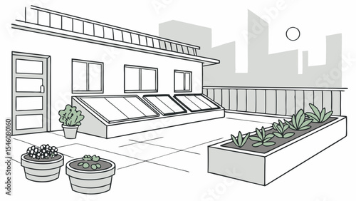 Illustration of a rooftop garden with potted plants solar panels and city skyline in the background view outdoors