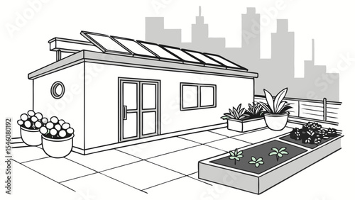 Illustration of a rooftop garden with solar panels, plants, and a cityscape in the background