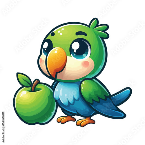 Cute Parrot character With Green Apple Clipart on a white background