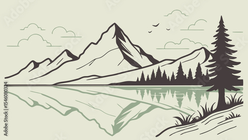 Illustration of a mountain range reflecting in a lake with trees and birds in a monochrome color palette
