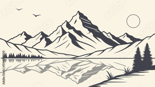 Illustration of a mountain range with a lake reflection, trees, birds, and a sun in a minimalist style