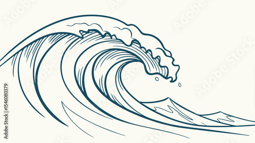 Illustration of a large ocean wave curling and crashing with smaller waves in the background view, line art