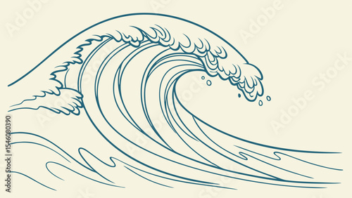 Illustration of a large ocean wave with a curling crest and smaller waves in the foreground line art style