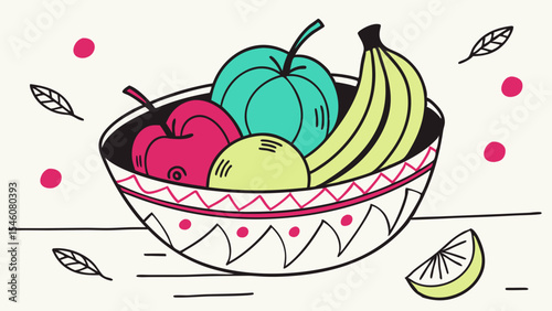 A stylized bowl with an assortment of fruits including apples, bananas, and a lemon slice on a table