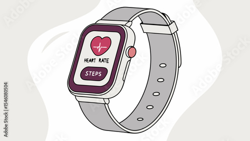 Illustration of a smartwatch displaying heart rate and steps on its screen with a gray wristband