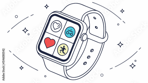 Illustration of a smartwatch displaying fitness and health tracking apps with decorative elements around it