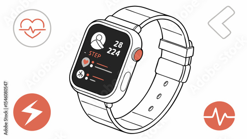 Illustration of a smartwatch with a black screen displaying health data and icons around it