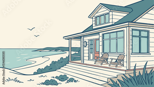 A beach house with two chairs on the porch overlooking the ocean with birds flying in the distance is visible