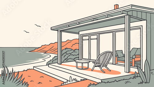 Illustration of a beach house with a patio overlooking the ocean and distant hills on a sunny day