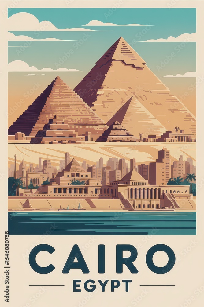Fototapeta premium Vintage Travel Poster of Pyramids and Nile River in Cairo, Egypt