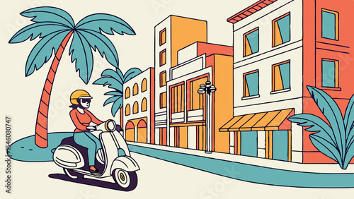 Illustration of a woman riding a scooter on a street with palm trees and buildings on a sunny day scene