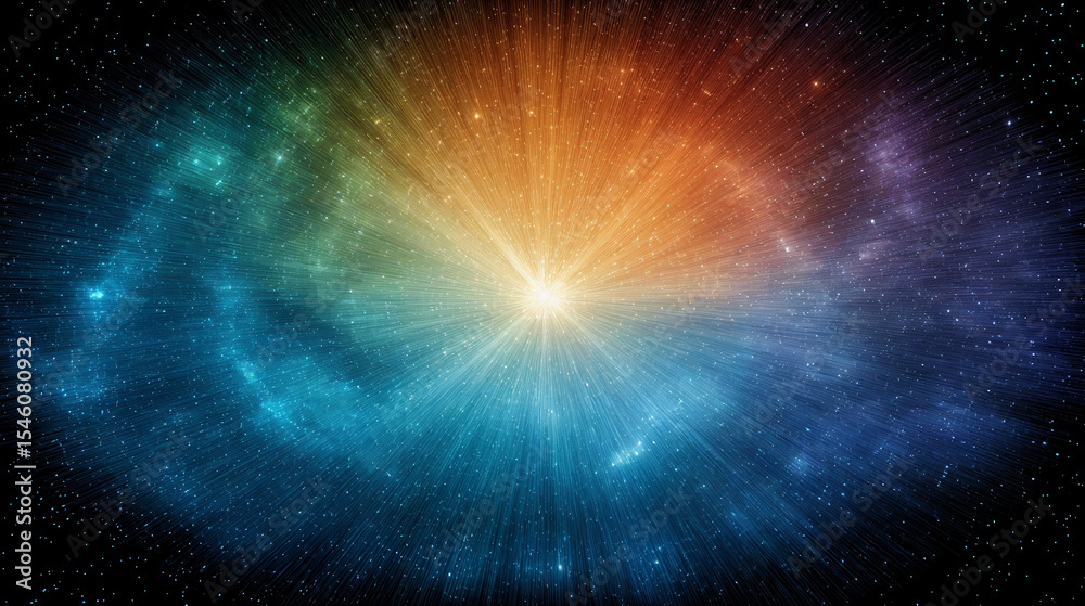 Fototapeta premium Vibrant cosmic explosion radiating light and color in a deep space setting with twinkling stars scattered in the background
