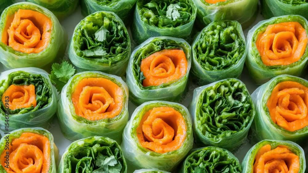 A variety of vegetable spring rolls with vibrant colors from carrots and cabbage.
