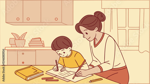 Illustration of a mother assisting her son with homework at a table in a kitchen setting with window view