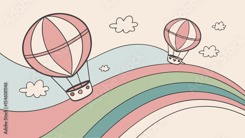 Two hot air balloons floating above a rainbow with clouds in a whimsical hand drawn illustration style