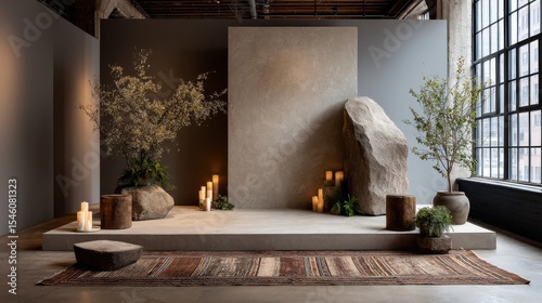 clean-cut podium on handmade tribal rug in minimal photo setup 