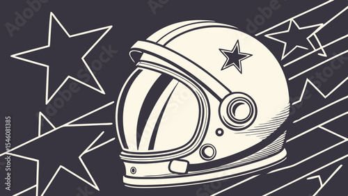 Illustration of an astronaut helmet with a star and lines on a dark background with stars around it
