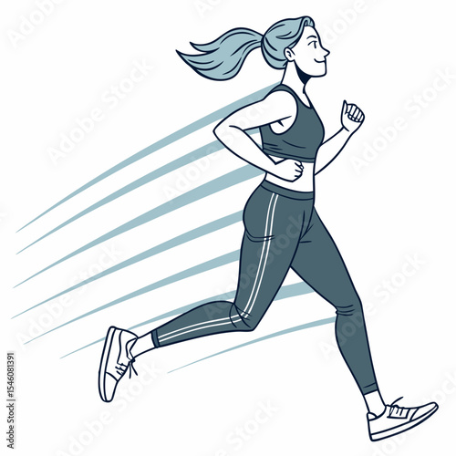 Woman jogging in athletic wear with speed lines indicating motion and a ponytail blowing in the wind outdoors