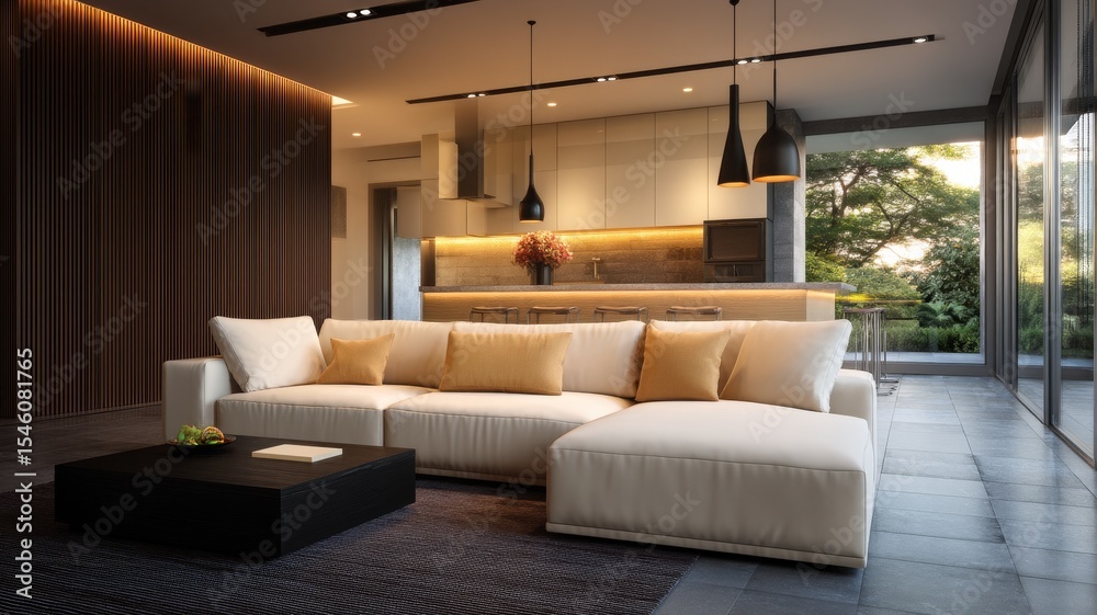 Fototapeta premium Modern Living Room with Cozy Couch and Open Kitchen Design Surrounded by Natural Light and Greenery