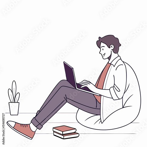A person sitting on the floor with a laptop and books, with a plant in a pot next to them, smiling gently