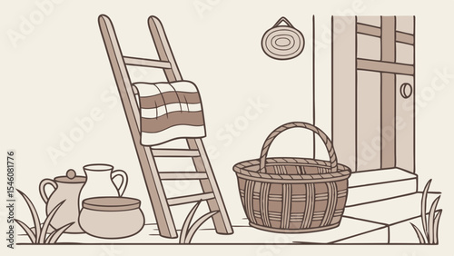 Still life scene featuring a ladder with a towel, basket, pottery, and a door in a cozy setting