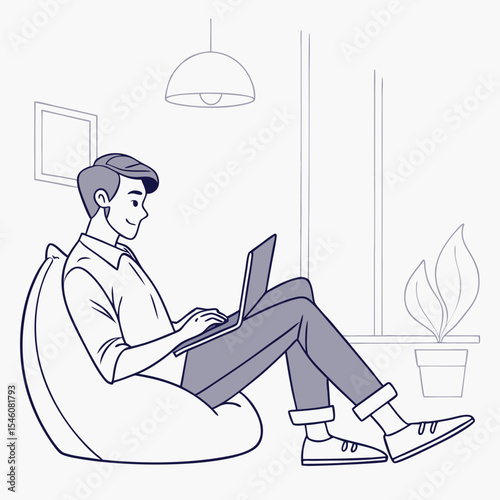 Man sitting in a beanbag chair using a laptop with a lamp and plant in the background in line art style