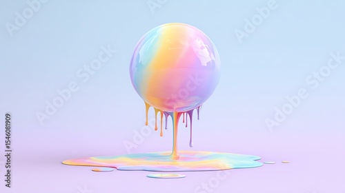 Colorful frozen sculpture concept Colorful dripping sphere on soft pastel background.
