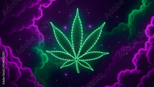 A vibrant digital illustration of a glowing cannabis leaf against a purple and green cloudy background, evoking a psychedelic or spiritual atmosphere.