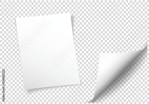 Realistic blank paper sheet with shadow in A4 format isolated on transparent checkered background. Notebook or book page. Design template or mockup. Vector illustration