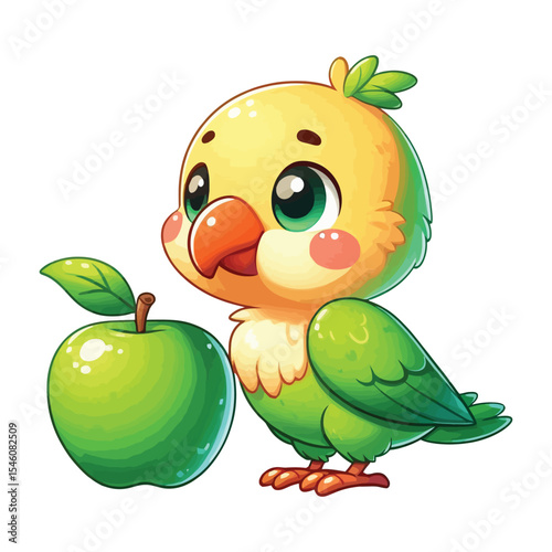 Cute Parrot character With Green Apple Clipart on a white background
