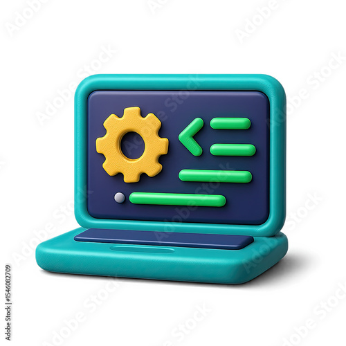 Teal 3D Laptop Icon with Code and Gear on Dark Background