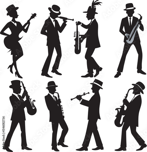 A collection of stylized illustrations depicting musicians playing various instruments, showcasing the joy and diversity of musical performance
