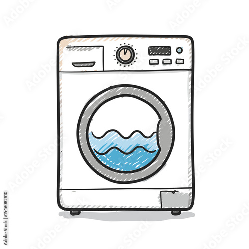 Whimsical Laundry Machine Illustration: Hand-Drawn Style Washing Appliance with Water Inside, Ideal for Cleaning, Domestic Chores and Household Concepts Design Project