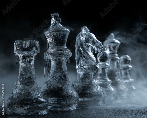 Dark scene ice sculpture Frozen chess pieces shrouded in mist.