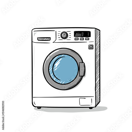 Isolated Washing Machine Illustration on White Background, Modern Front Load Laundry Appliance, Minimalist Design, Home Cleaning Equipment, Vector Graphic for Print, Web