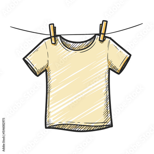 Hand-drawn T-shirt hanging on a clothesline with clothespins, symbolizing laundry, drying, and cleanliness in a simple, vector illustration style. Ideal for creative projects.