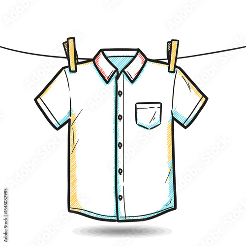 Hand-drawn shirt on a clothesline, laundry concept illustration, minimalist style, pastel color, clean clothes hanging, clothing care, vector graphic isolated on white