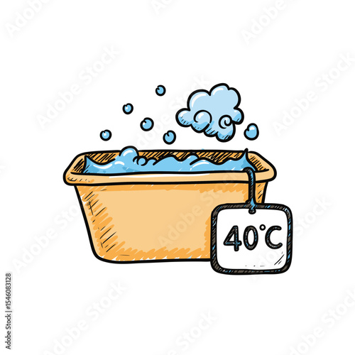 Hand Drawn Laundry Illustration: Tub with Soapy Water and Wash Tag Showing 40 Degrees Celsius, Ideal for Washing Delicate Clothes, Promoting Eco-Friendly Laundry Practices.