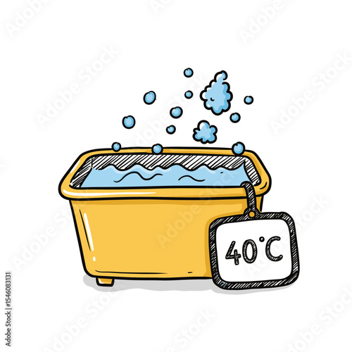 Hand-drawn illustration of a laundry tub with water, bubbles, and a temperature tag, suitable for textile care and washing concept in bright, cheerful colors.