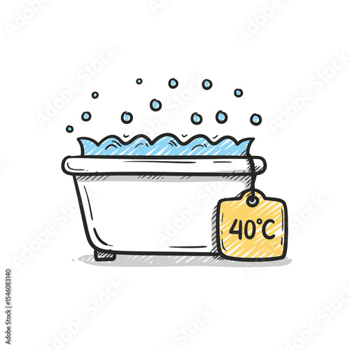 Hand-drawn illustration of a laundry tub with soapy water and a 40-degree Celsius temperature tag, perfect for cleaning concepts and temperature settings