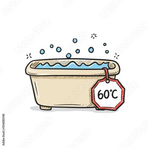 Cartoon Illustration of Laundry Tub with Bubbles and 60 Degree Temperature Tag for Delicate Wash, Ideal for Laundry Services Advertising and Textile Care Guides