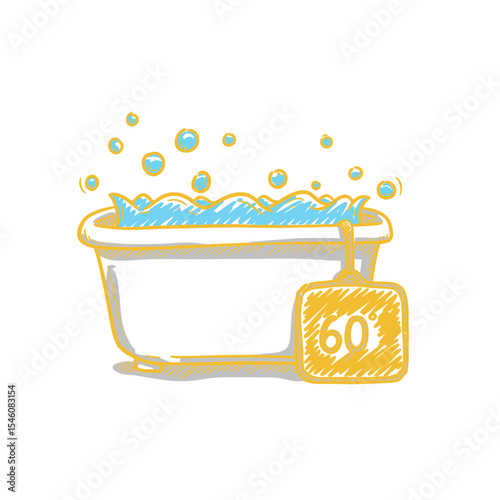 Hand-Drawn Laundry Tub Illustration with 60 Degree Tag, a Fun and Playful Visual for Laundry Services and Product Advertising, Perfect for Brochures and Website Design