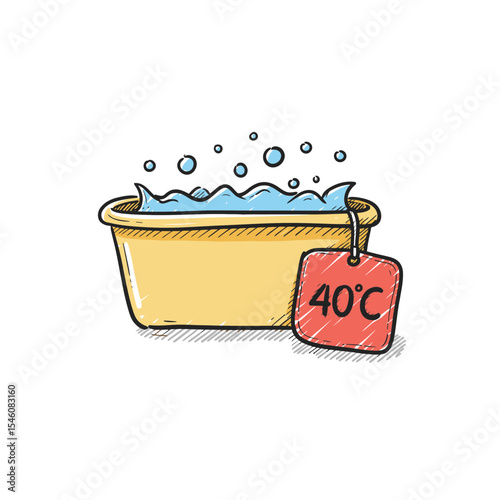 Hand-Drawn Laundry Tub with Temperature Tag Illustration:  Iconic Vector for Cleaning, Washing, and Domestic Chores Concepts - Perfect for Stock Resources