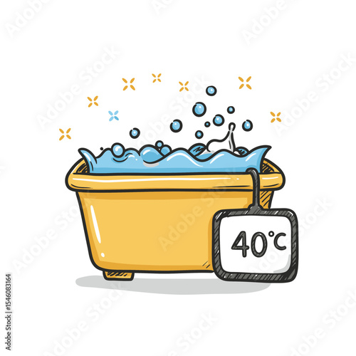 Hand-drawn illustration of a yellow laundry tub filled with soapy water and a 40-degree Celsius tag, perfect for illustrating laundry tips and washing instructions guides.