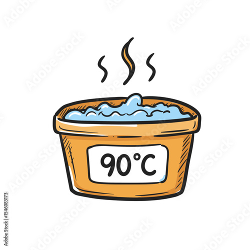 Hand Drawn Illustration of Laundry Tub with Hot Water at 90 Degrees Celsius for Washing Clothes and Delicate Fabrics, Laundry Symbol and Care Label Concept