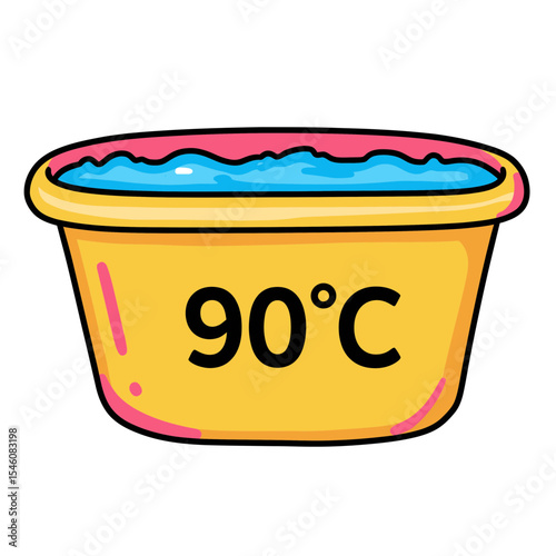 Bright Cartoon Laundry Tub with Hot Water at 90 Degrees Celsius for Effective Cleaning, Isolated Vector Graphic for Laundry Themes and Educational Purposes