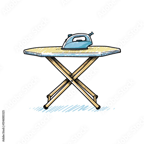 Charming Hand-Drawn Illustration of an Iron on an Ironing Board, Perfect for Laundry-Related Content and Design Projects, with a Clean and Minimalist Aesthetic