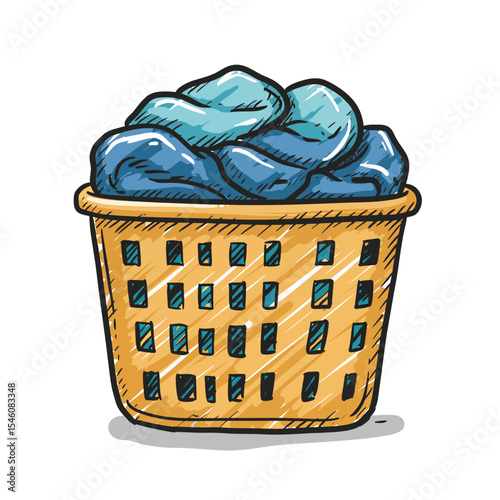 Hand-Drawn Laundry Basket Overflowing with Blue Clothes Illustration for Laundry Services and Home Organization Visuals, isolated on white background