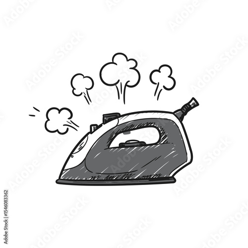 Hand-drawn illustration of a steaming iron for laundry and ironing. Perfect for cleaning services, household chores, and graphic design projects related to garment care.